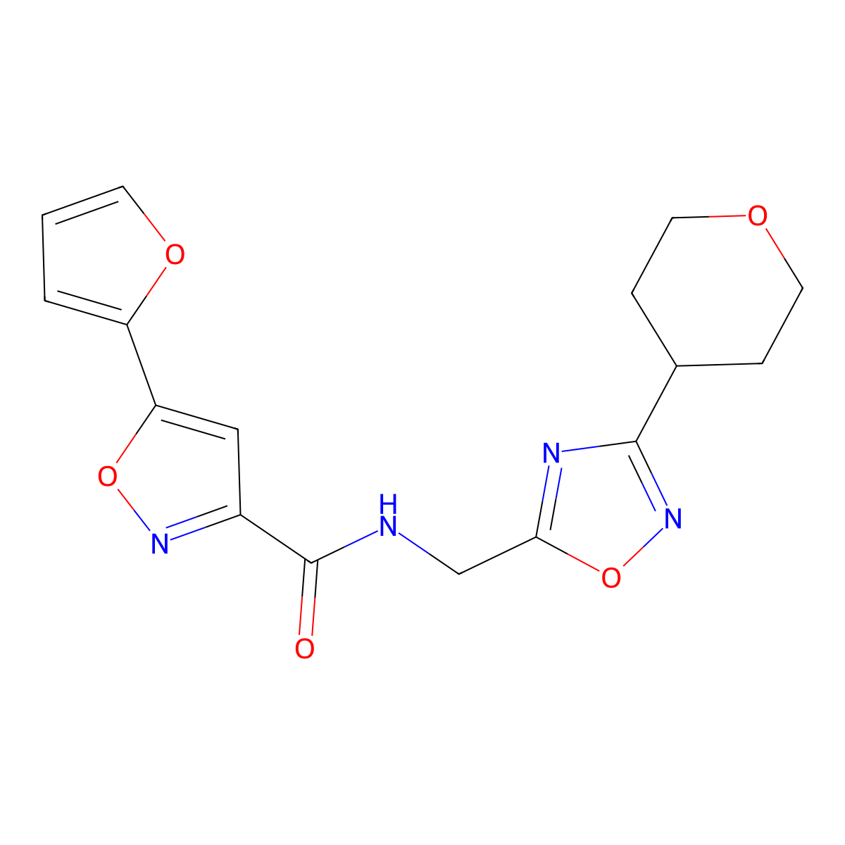 5-(furan-2-yl)-N-((3-(tetrahydro-2H-pyran-4-yl)-1,2,4-oxadiazol-5-yl)methyl)isoxazole-3-carboxamide molecular structure, CAS 2034423-46-4