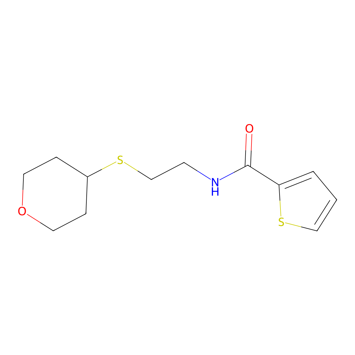 N-(2-((tetrahydro-2H-pyran-4-yl)thio)ethyl)thiophene-2-carboxamide molecular structure, CAS 2034423-83-9