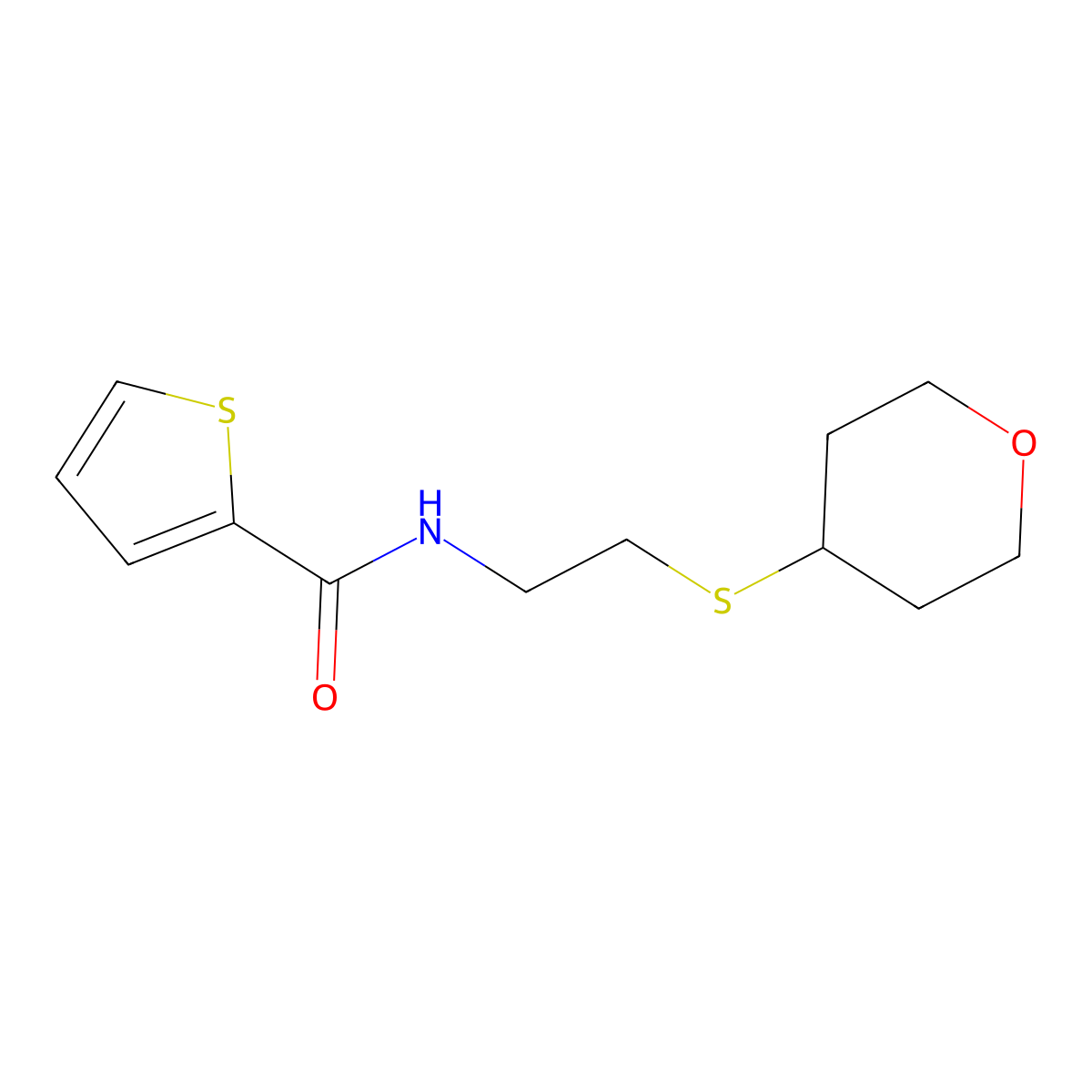 N-(2-((tetrahydro-2H-pyran-4-yl)thio)ethyl)thiophene-2-carboxamide molecular structure, CAS 2034423-83-9