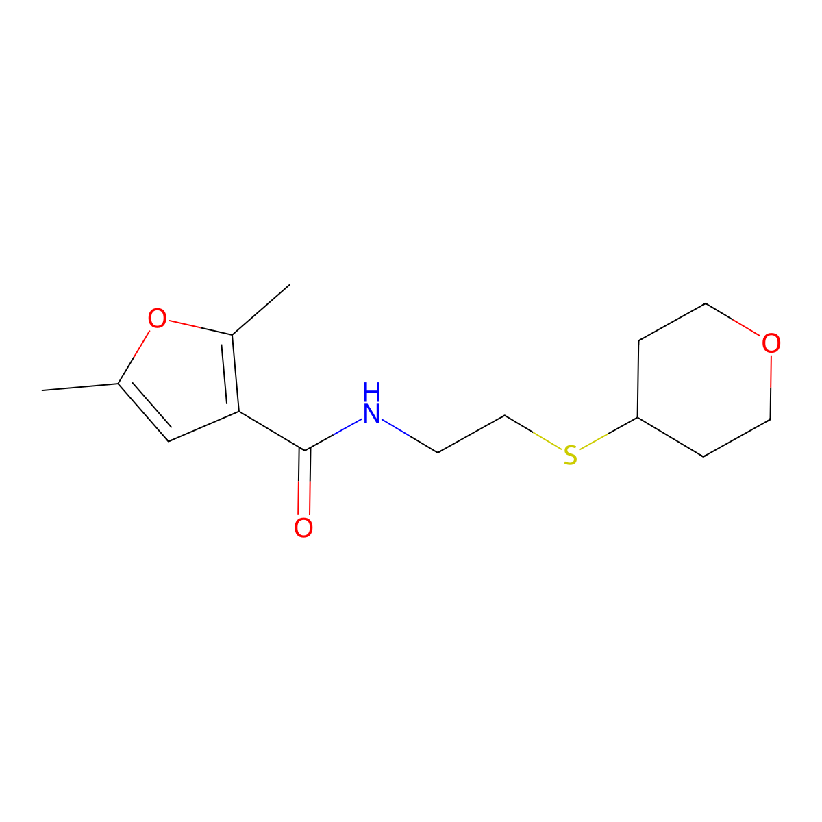 2,5-dimethyl-N-[2-(oxan-4-ylsulfanyl)ethyl]furan-3-carboxamide molecular structure, CAS 2034423-87-3