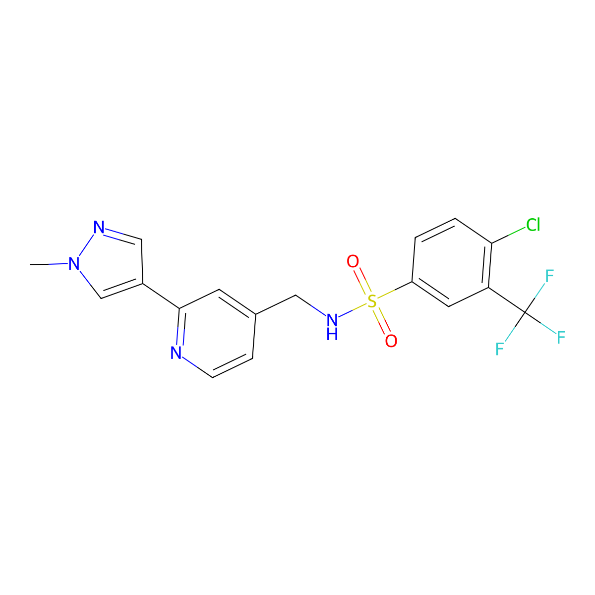 4-chloro-N-((2-(1-methyl-1H-pyrazol-4-yl)pyridin-4-yl)methyl)-3-(trifluoromethyl)benzenesulfonamide molecular structure, CAS 2034424-00-3