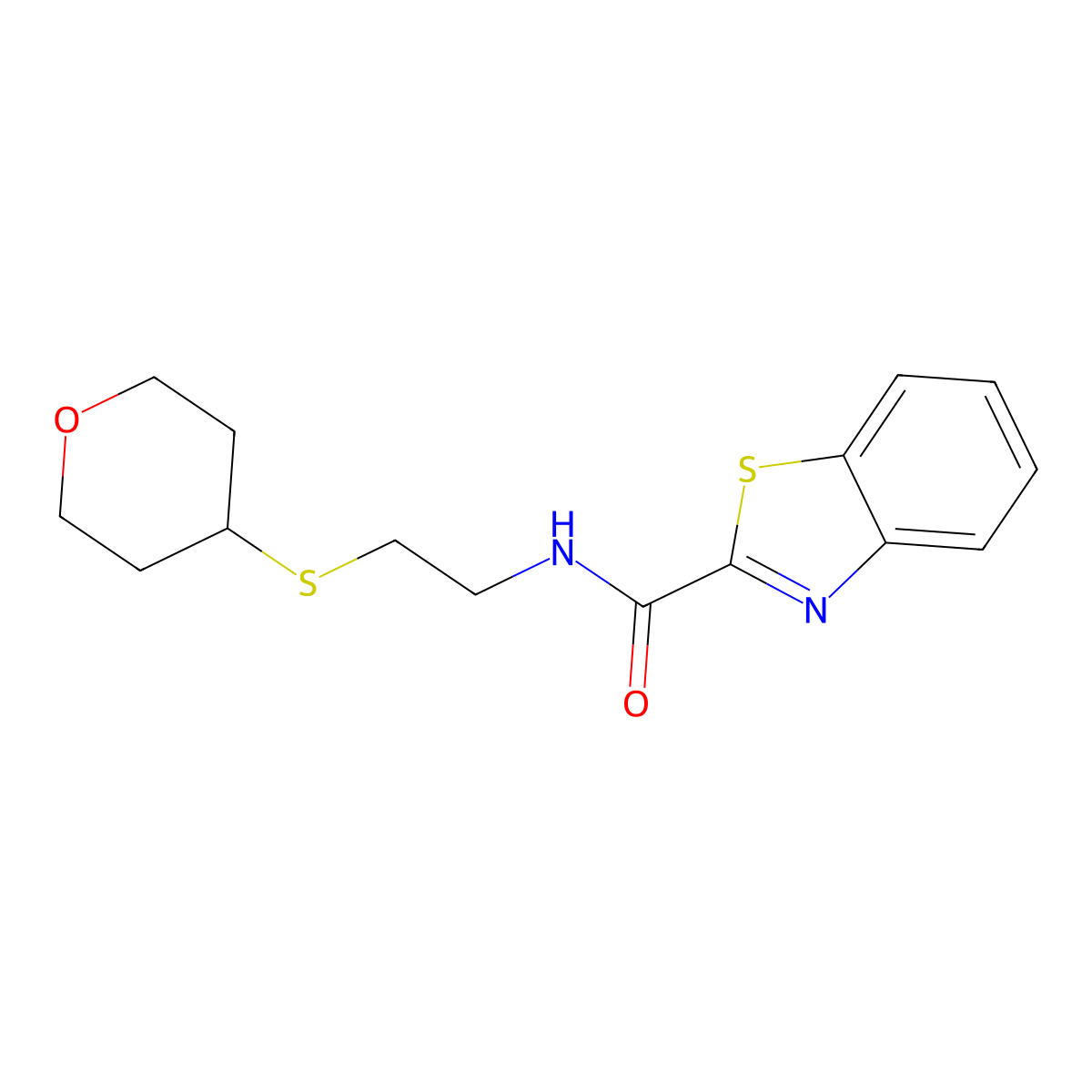 N-(2-((tetrahydro-2H-pyran-4-yl)thio)ethyl)benzo[d]thiazole-2-carboxamide molecular structure, CAS 2034424-05-8