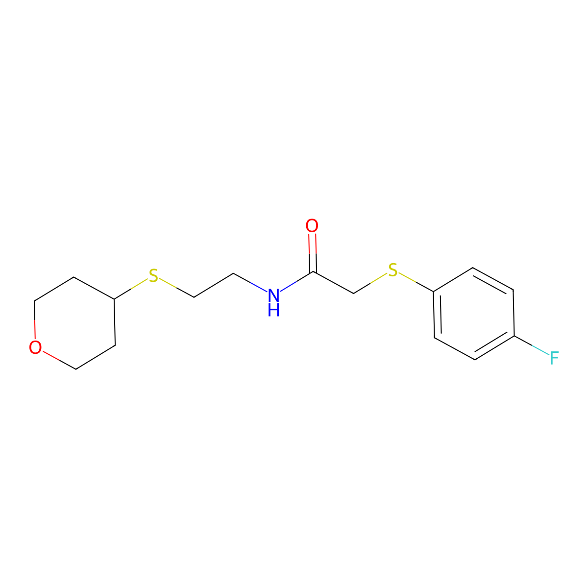 2-((4-fluorophenyl)thio)-N-(2-((tetrahydro-2H-pyran-4-yl)thio)ethyl)acetamide molecular structure, CAS 2034424-13-8