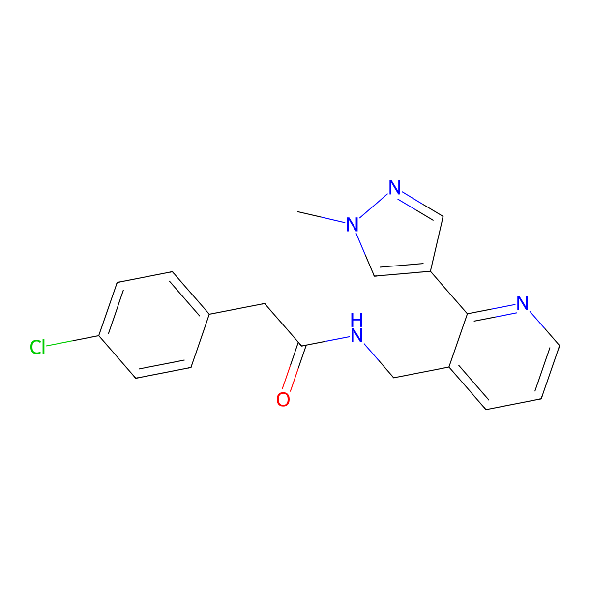 2-(4-chlorophenyl)-N-{[2-(1-methyl-1H-pyrazol-4-yl)pyridin-3-yl]methyl}acetamide molecular structure, CAS 2034424-14-9