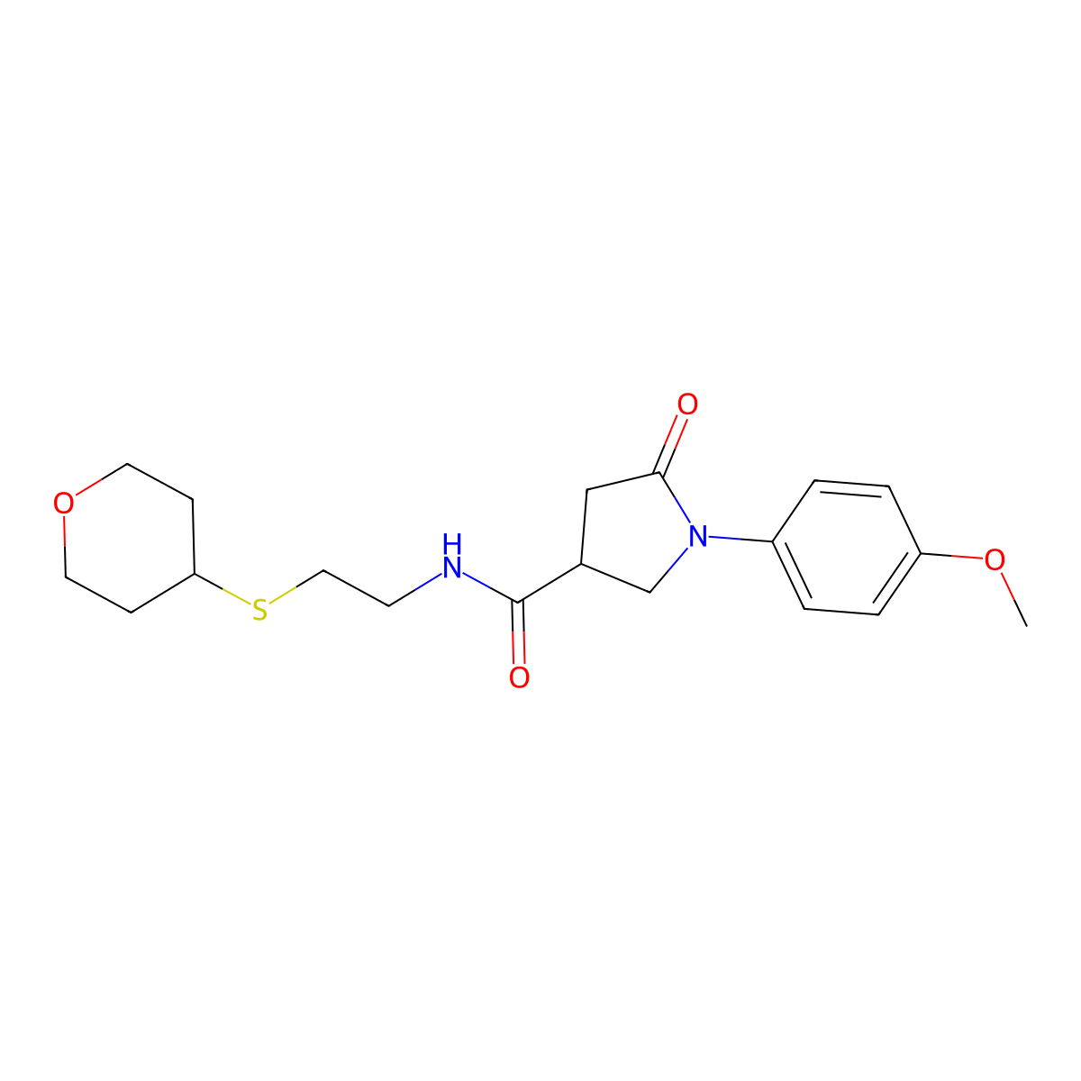 1-(4-methoxyphenyl)-5-oxo-N-(2-((tetrahydro-2H-pyran-4-yl)thio)ethyl)pyrrolidine-3-carboxamide molecular structure, CAS 2034424-29-6