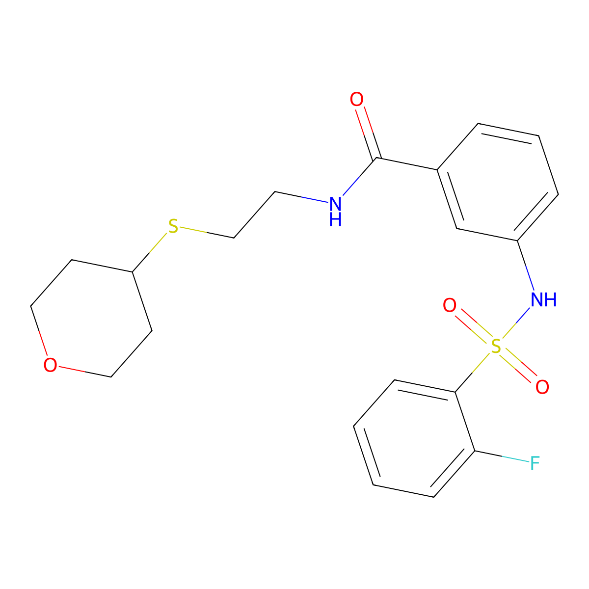 3-(2-fluorophenylsulfonamido)-N-(2-((tetrahydro-2H-pyran-4-yl)thio)ethyl)benzamide molecular structure, CAS 2034424-38-7