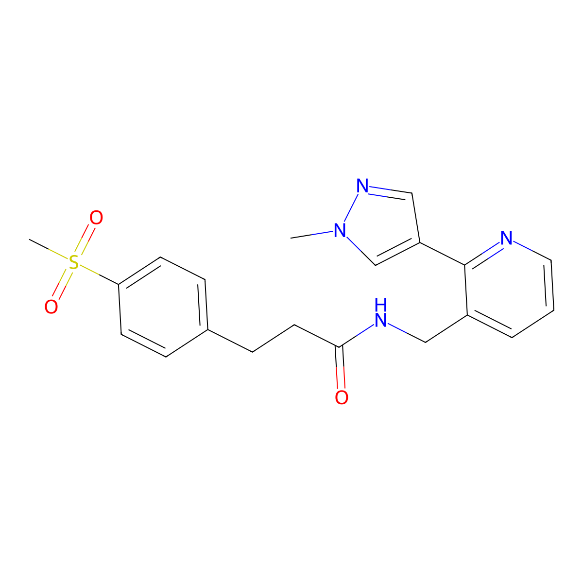 N-((2-(1-methyl-1H-pyrazol-4-yl)pyridin-3-yl)methyl)-3-(4-(methylsulfonyl)phenyl)propanamide molecular structure, CAS 2034424-45-6