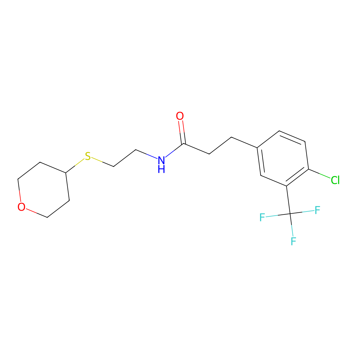 3-[4-chloro-3-(trifluoromethyl)phenyl]-N-[2-(oxan-4-ylsulfanyl)ethyl]propanamide molecular structure, CAS 2034424-48-9