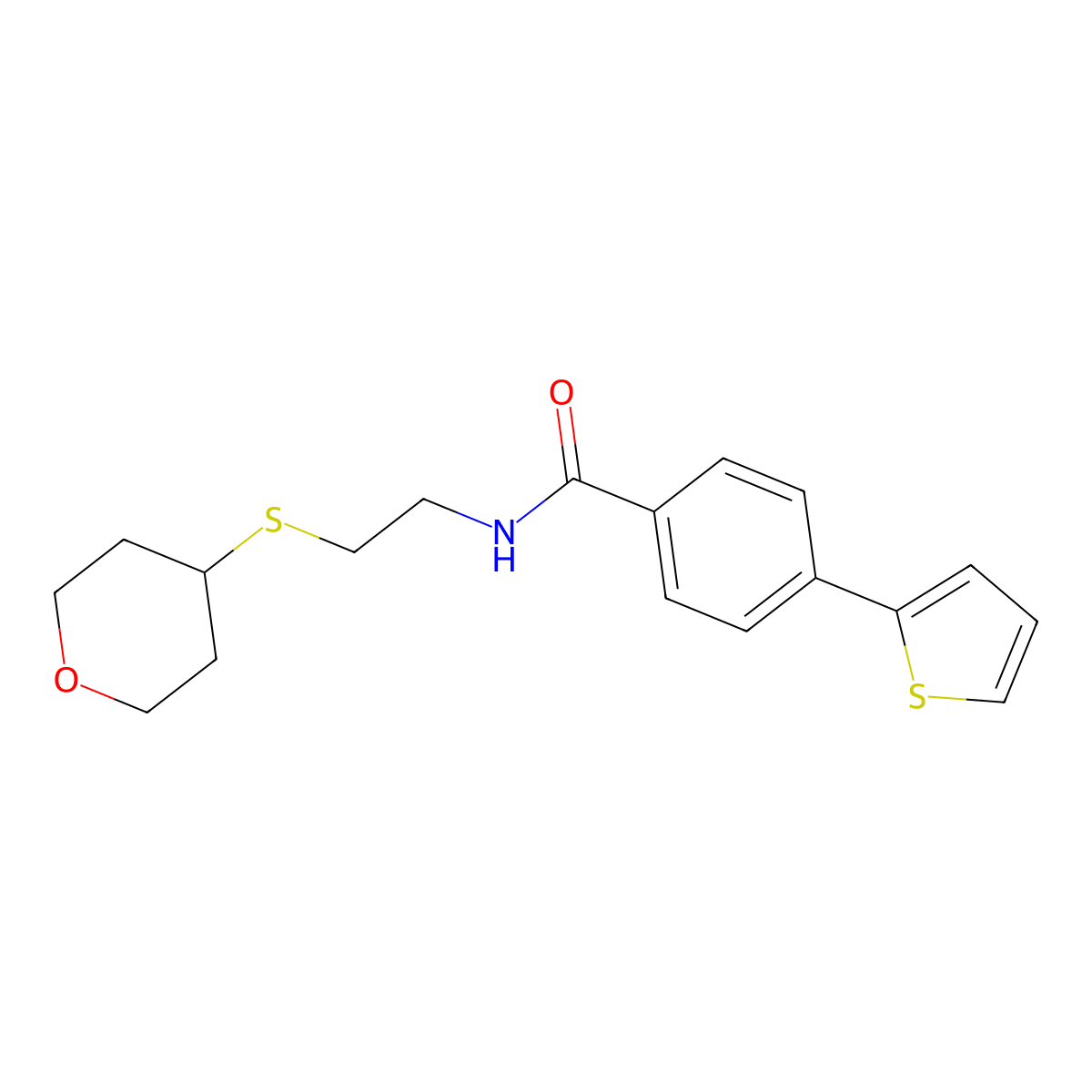 N-(2-((tetrahydro-2H-pyran-4-yl)thio)ethyl)-4-(thiophen-2-yl)benzamide molecular structure, CAS 2034424-54-7