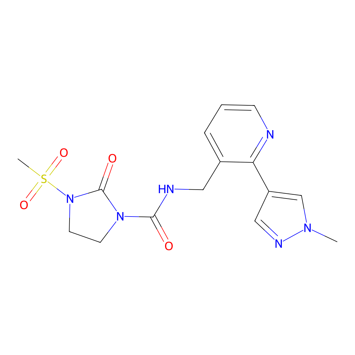 N-((2-(1-methyl-1H-pyrazol-4-yl)pyridin-3-yl)methyl)-3-(methylsulfonyl)-2-oxoimidazolidine-1-carboxamide molecular structure, CAS 2034424-62-7