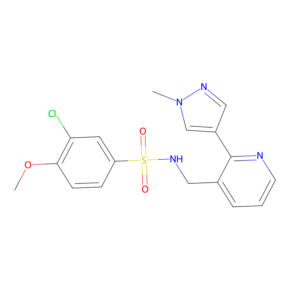 3-chloro-4-methoxy-N-((2-(1-methyl-1H-pyrazol-4-yl)pyridin-3-yl)methyl)benzenesulfonamide molecular structure, CAS 2034424-72-9