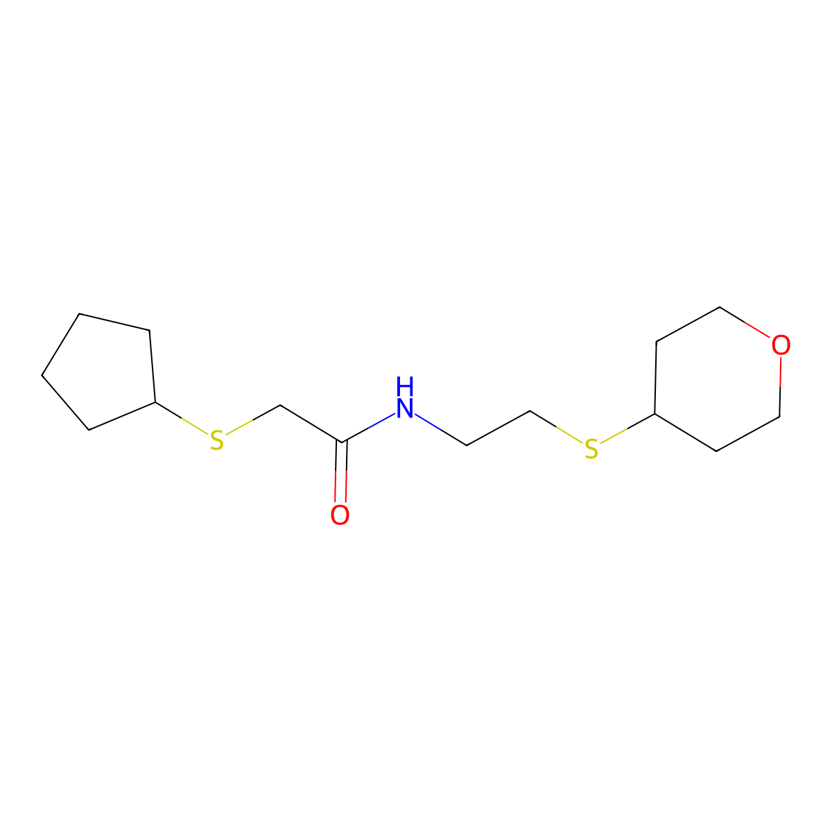 2-(cyclopentylthio)-N-(2-((tetrahydro-2H-pyran-4-yl)thio)ethyl)acetamide molecular structure, CAS 2034424-75-2