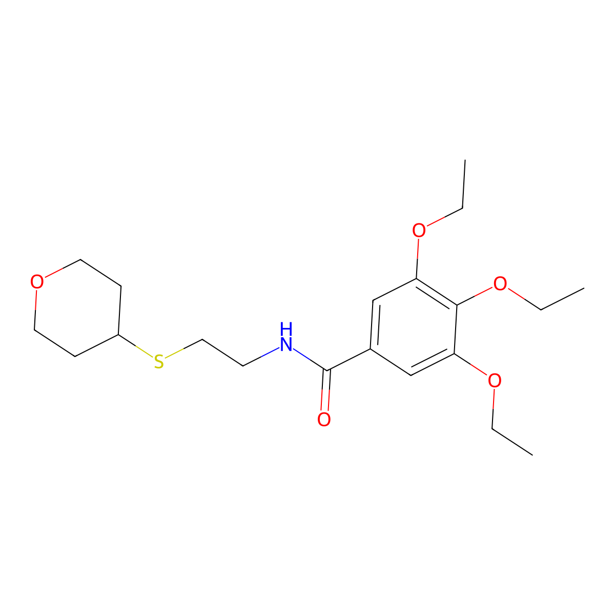 3,4,5-triethoxy-N-(2-((tetrahydro-2H-pyran-4-yl)thio)ethyl)benzamide molecular structure, CAS 2034424-86-5