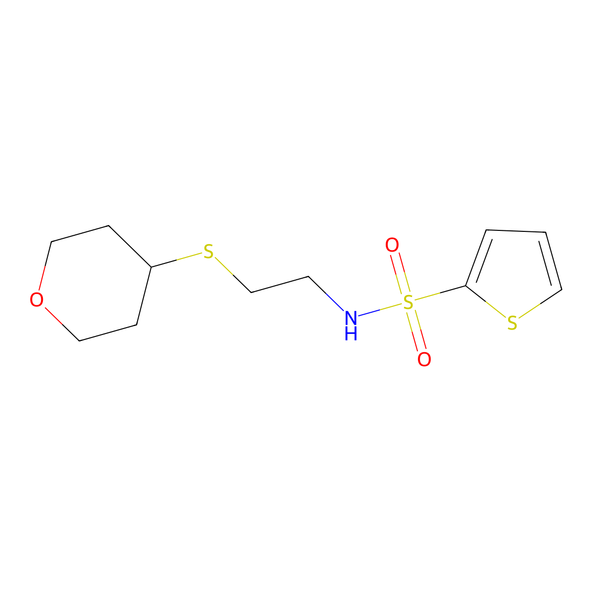N-(2-((tetrahydro-2H-pyran-4-yl)thio)ethyl)thiophene-2-sulfonamide molecular structure, CAS 2034424-89-8