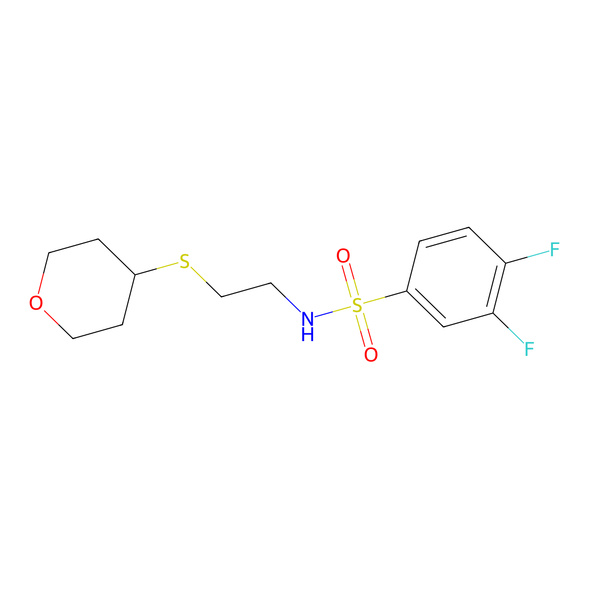 3,4-difluoro-N-(2-((tetrahydro-2H-pyran-4-yl)thio)ethyl)benzenesulfonamide molecular structure, CAS 2034424-91-2