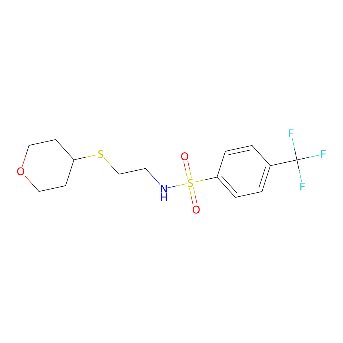 N-(2-((tetrahydro-2H-pyran-4-yl)thio)ethyl)-4-(trifluoromethyl)benzenesulfonamide molecular structure, CAS 2034424-94-5
