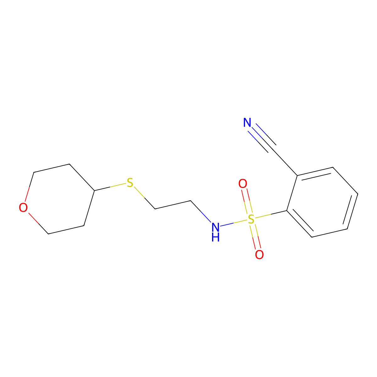 2-cyano-N-(2-((tetrahydro-2H-pyran-4-yl)thio)ethyl)benzenesulfonamide molecular structure, CAS 2034425-08-4