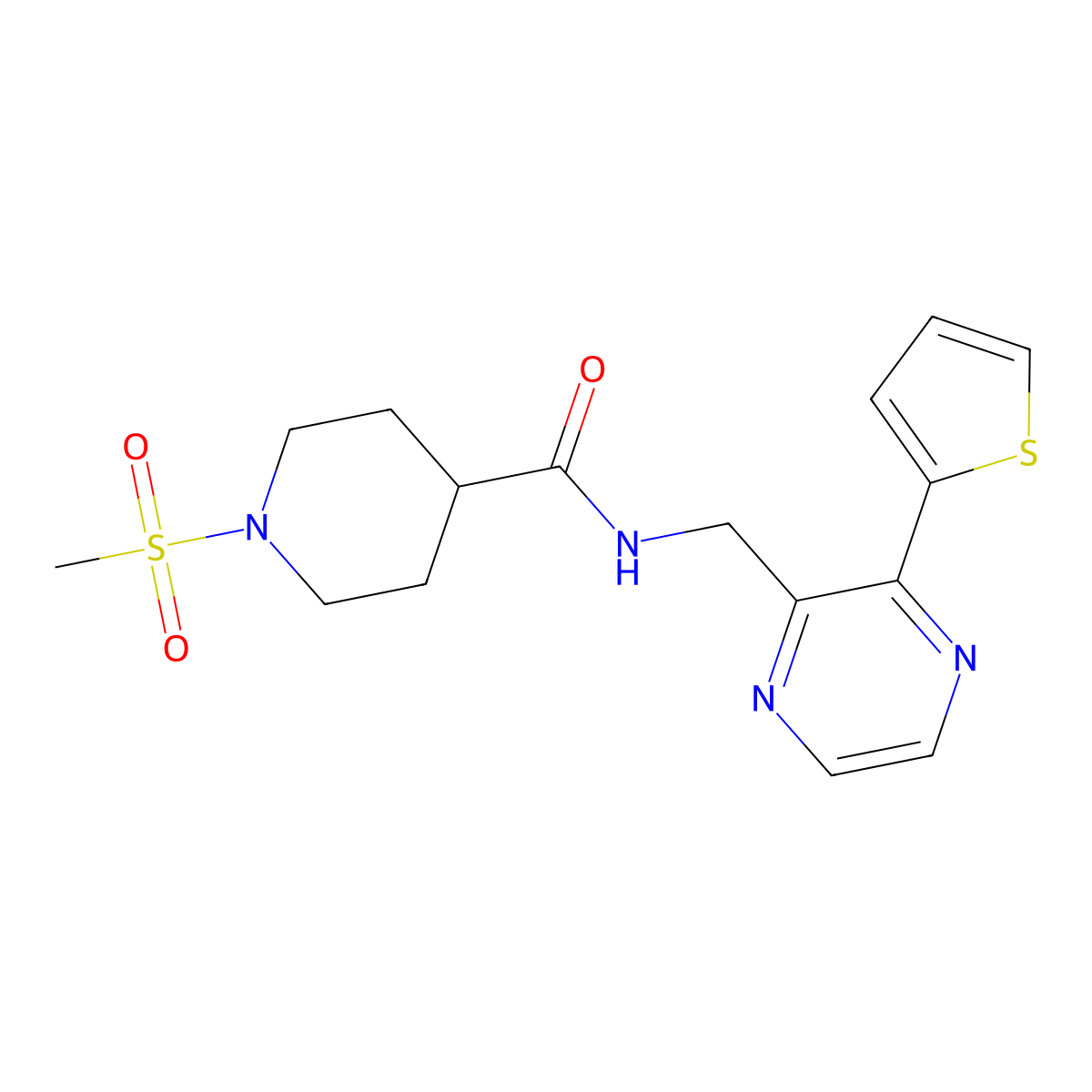 1-(methylsulfonyl)-N-((3-(thiophen-2-yl)pyrazin-2-yl)methyl)piperidine-4-carboxamide molecular structure, CAS 2034425-13-1