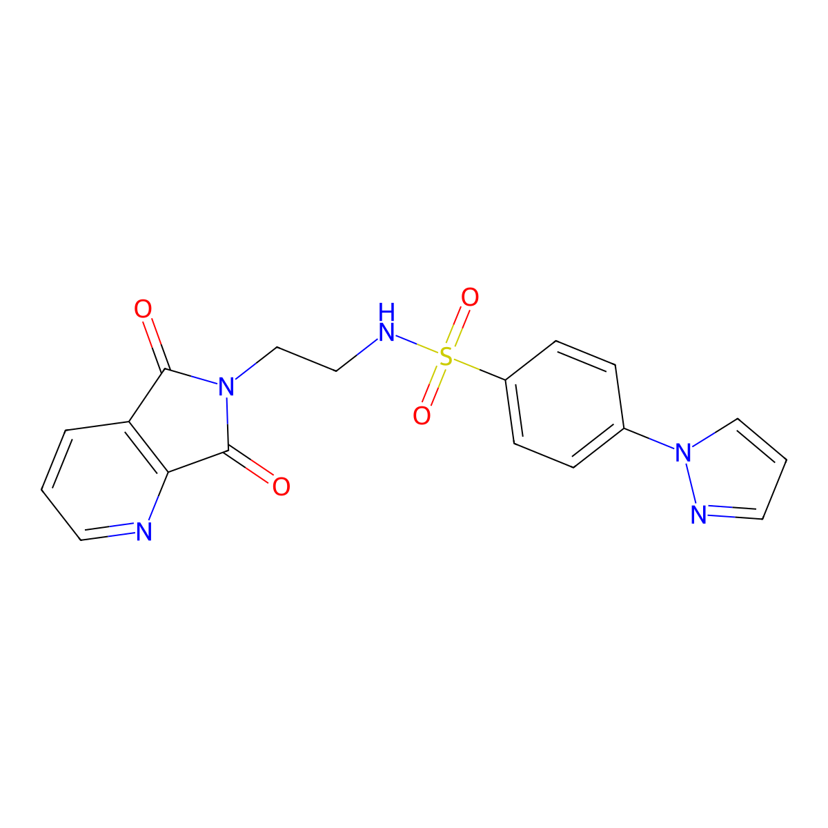 N-(2-(5,7-dioxo-5H-pyrrolo[3,4-b]pyridin-6(7H)-yl)ethyl)-4-(1H-pyrazol-1-yl)benzenesulfonamide molecular structure, CAS 2034425-65-3