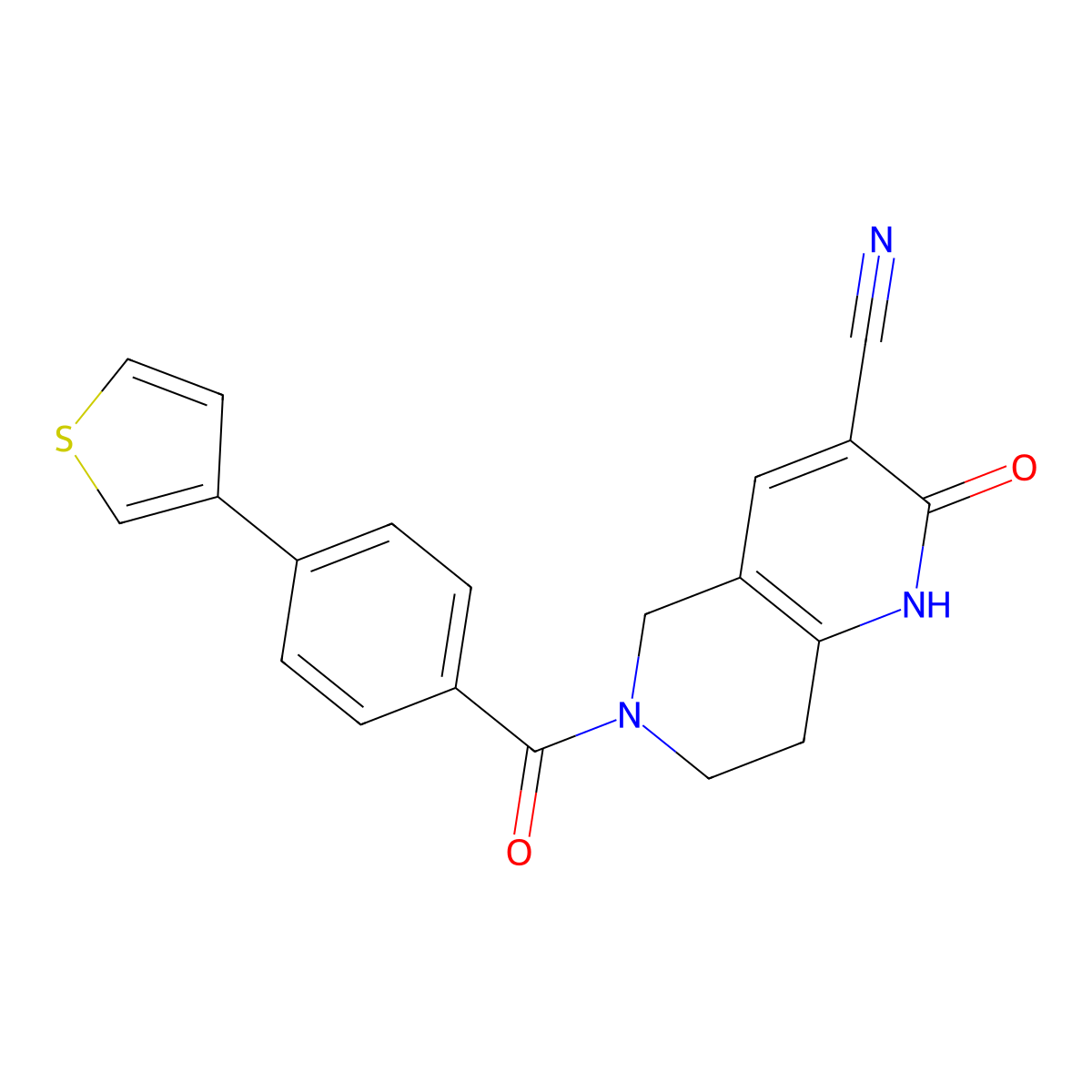 2-Oxo-6-(4-(thiophen-3-yl)benzoyl)-1,2,5,6,7,8-hexahydro-1,6-naphthyridine-3-carbonitrile molecular structure, CAS 2034425-86-8