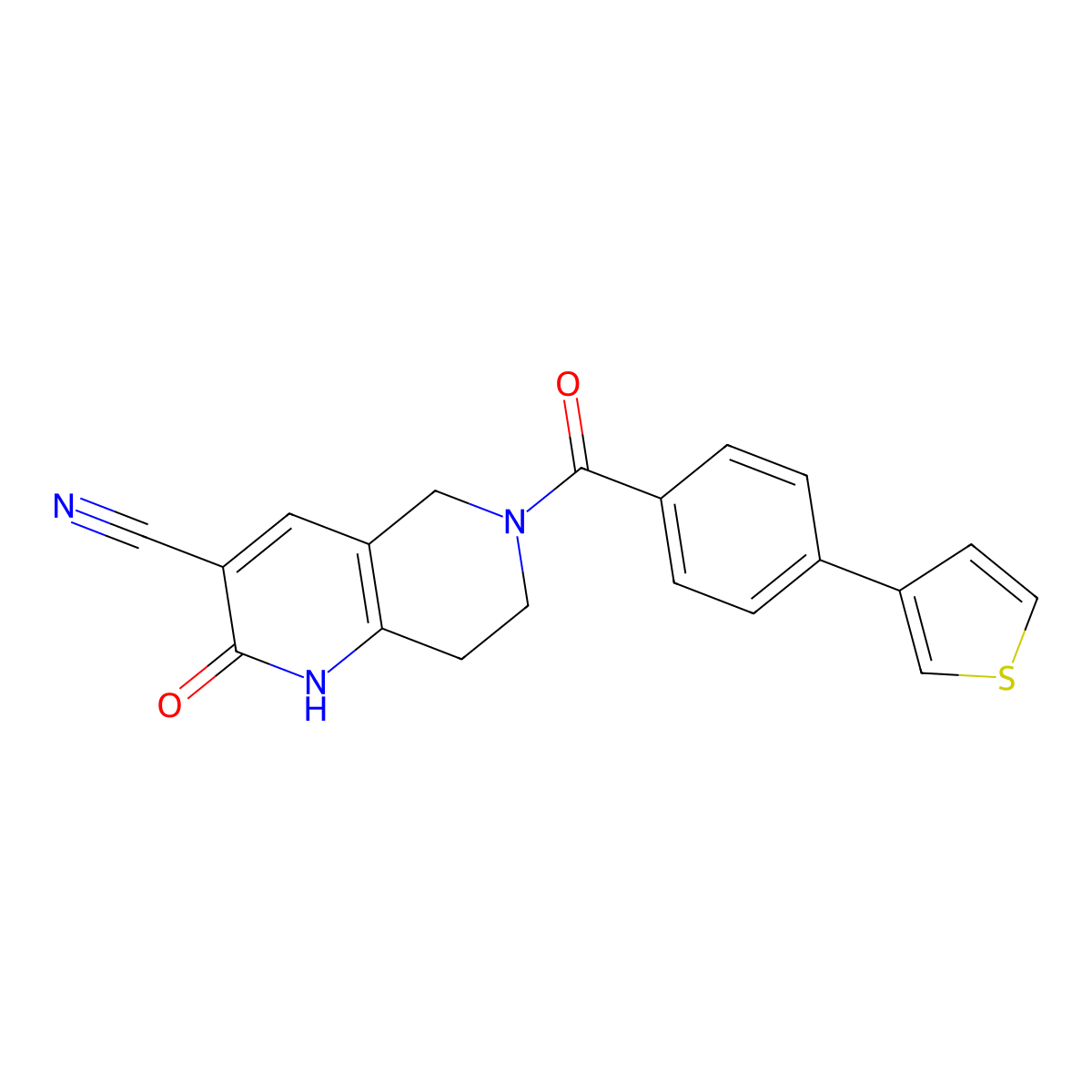 2-Oxo-6-(4-(thiophen-3-yl)benzoyl)-1,2,5,6,7,8-hexahydro-1,6-naphthyridine-3-carbonitrile molecular structure, CAS 2034425-86-8