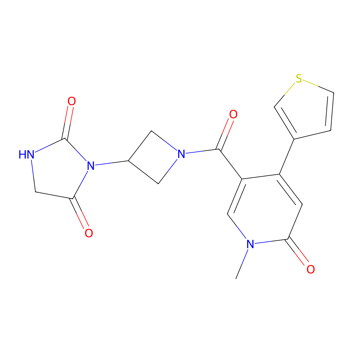 3-{1-[1-Methyl-6-oxo-4-(thiophen-3-yl)-1,6-dihydropyridine-3-carbonyl]azetidin-3-yl}imidazolidine-2,4-dione molecular structure, CAS 2034426-21-4