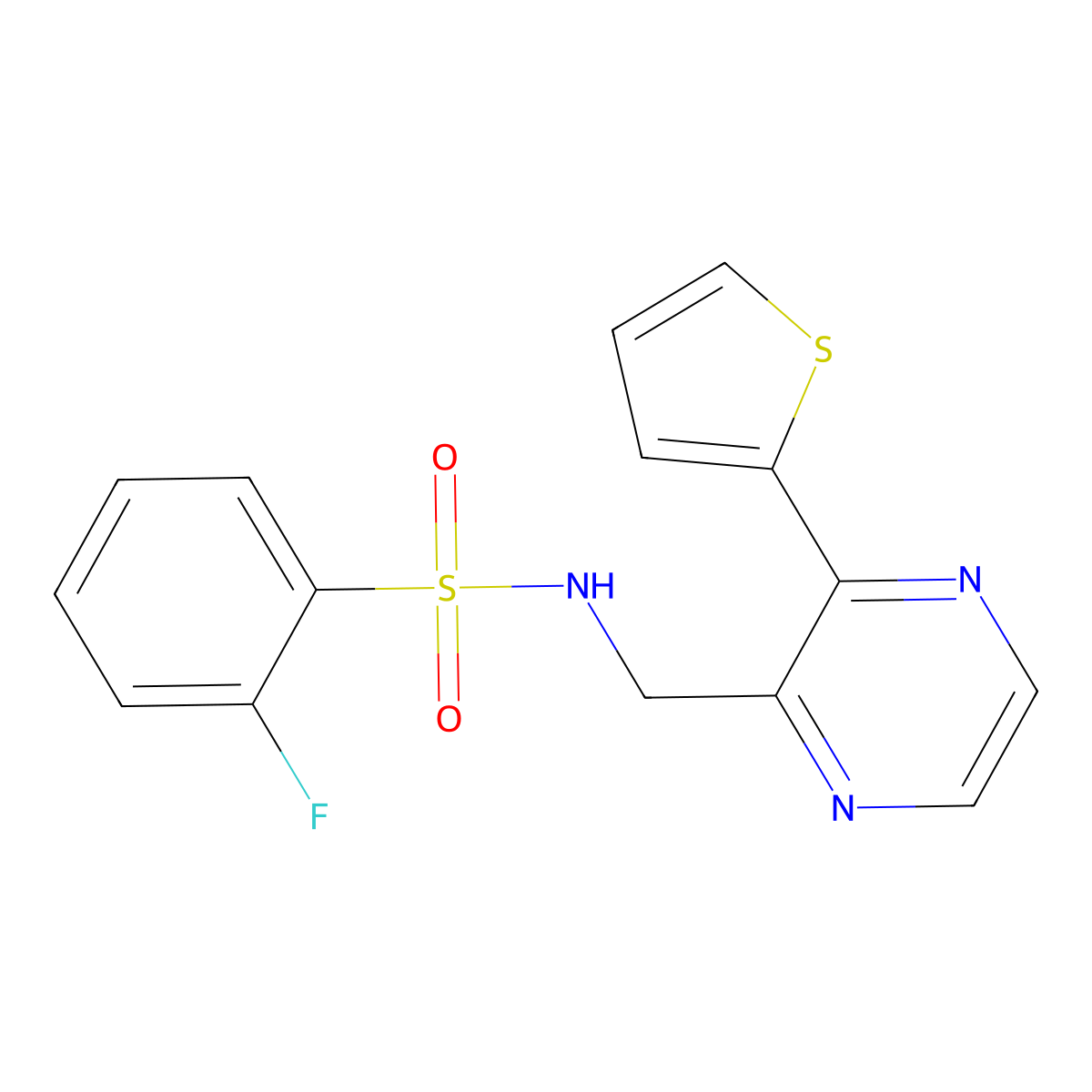 2-fluoro-N-((3-(thiophen-2-yl)pyrazin-2-yl)methyl)benzenesulfonamide molecular structure, CAS 2034426-74-7