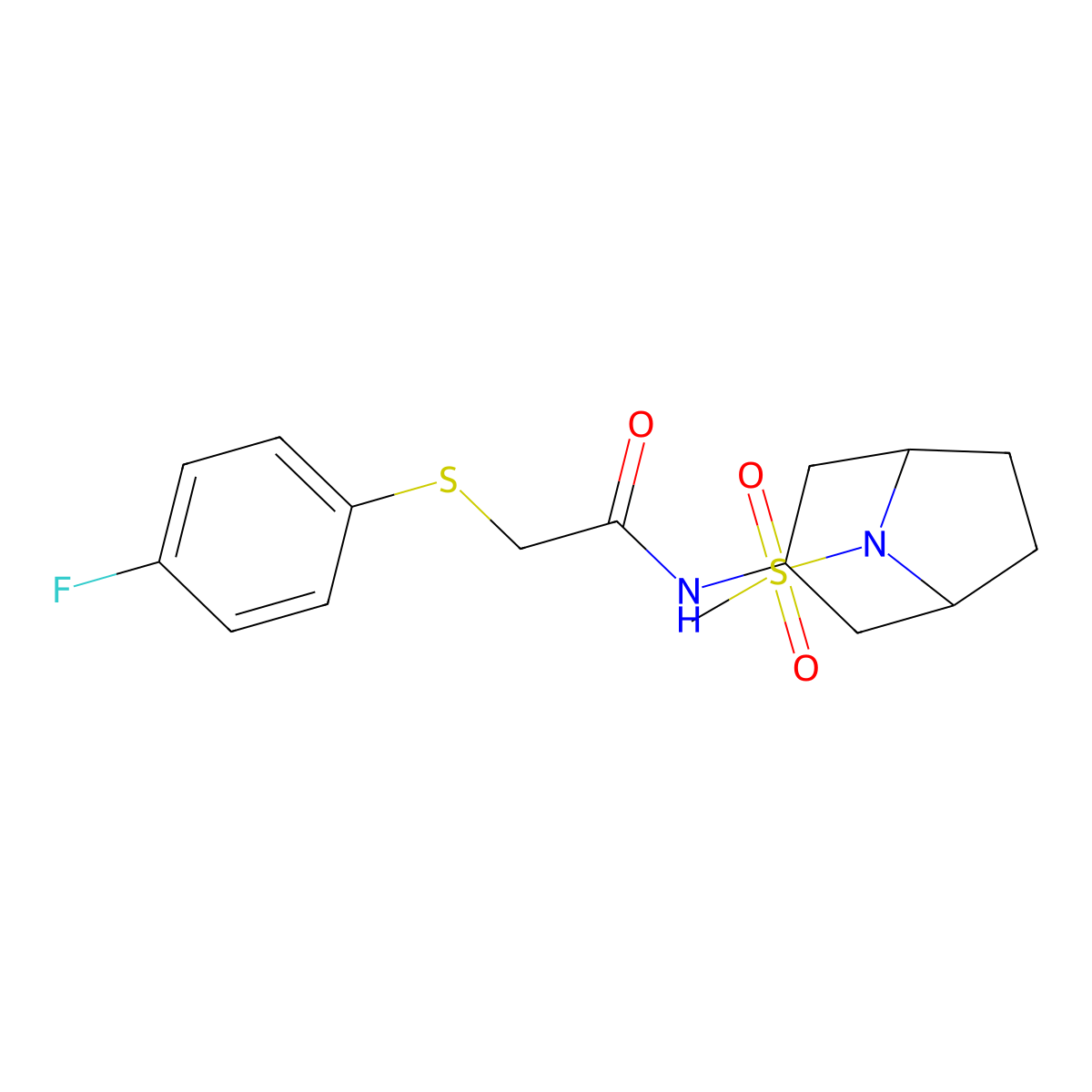 2-((4-fluorophenyl)thio)-N-(8-(methylsulfonyl)-8-azabicyclo[3.2.1]octan-3-yl)acetamide molecular structure, CAS 2034426-75-8