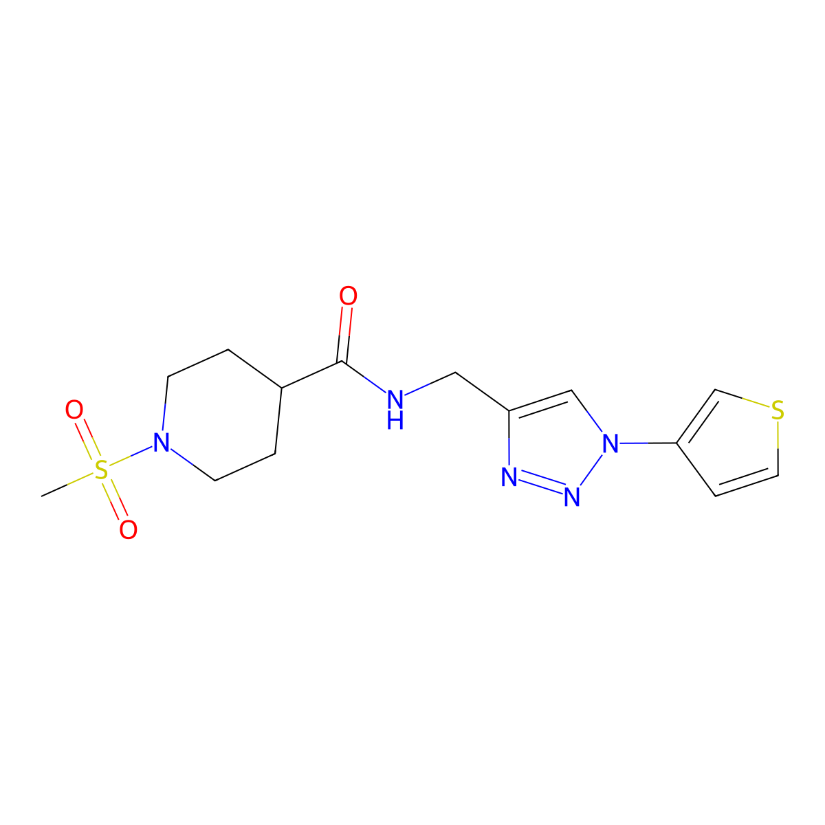 1-(methylsulfonyl)-N-((1-(thiophen-3-yl)-1H-1,2,3-triazol-4-yl)methyl)piperidine-4-carboxamide molecular structure, CAS 2034426-83-8
