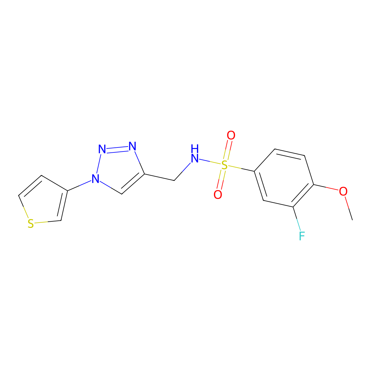 3-fluoro-4-methoxy-N-((1-(thiophen-3-yl)-1H-1,2,3-triazol-4-yl)methyl)benzenesulfonamide molecular structure, CAS 2034427-06-8