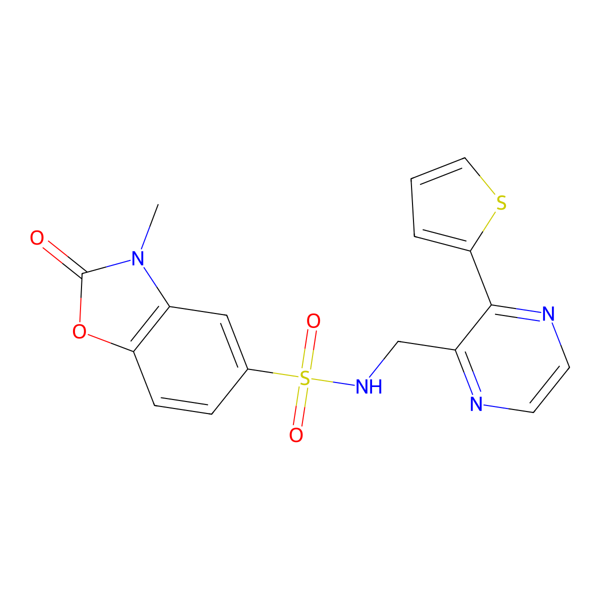 3-methyl-2-oxo-N-((3-(thiophen-2-yl)pyrazin-2-yl)methyl)-2,3-dihydrobenzo[d]oxazole-5-sulfonamide molecular structure, CAS 2034427-08-0
