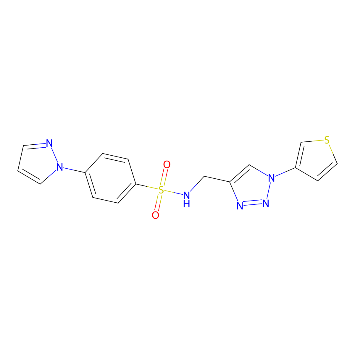 4-(1H-pyrazol-1-yl)-N-((1-(thiophen-3-yl)-1H-1,2,3-triazol-4-yl)methyl)benzenesulfonamide molecular structure, CAS 2034427-16-0