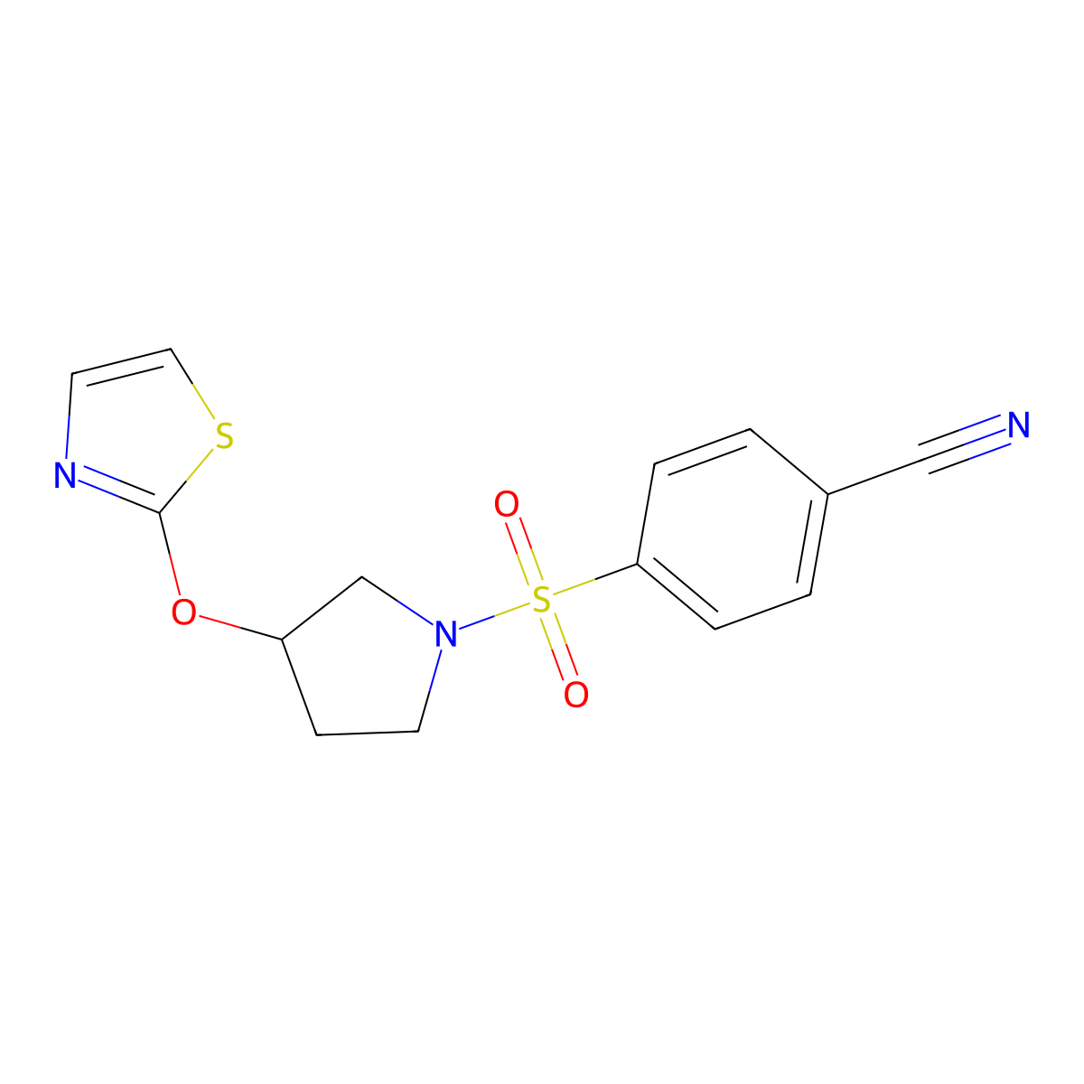 4-((3-(Thiazol-2-yloxy)pyrrolidin-1-yl)sulfonyl)benzonitrile molecular structure, CAS 2034427-20-6
