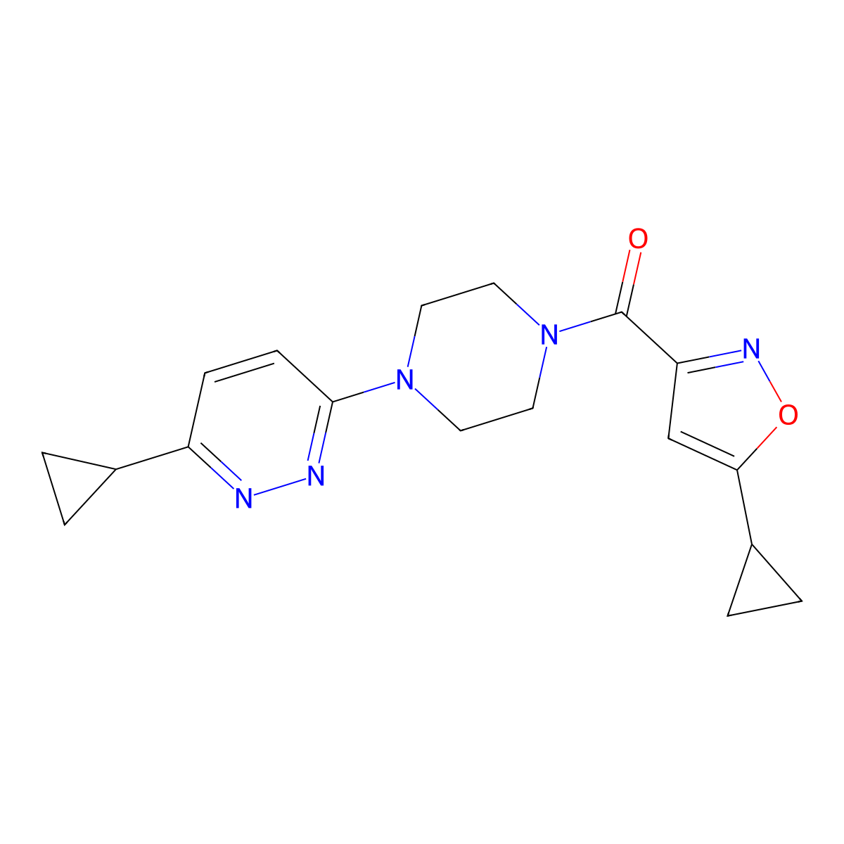 (5-Cyclopropylisoxazol-3-yl)(4-(6-cyclopropylpyridazin-3-yl)piperazin-1-yl)methanone molecular structure, CAS 2034427-34-2