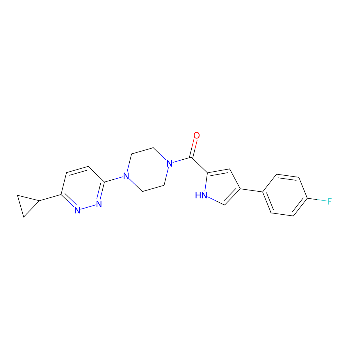 (4-(6-cyclopropylpyridazin-3-yl)piperazin-1-yl)(4-(4-fluorophenyl)-1H-pyrrol-2-yl)methanone molecular structure, CAS 2034427-38-6