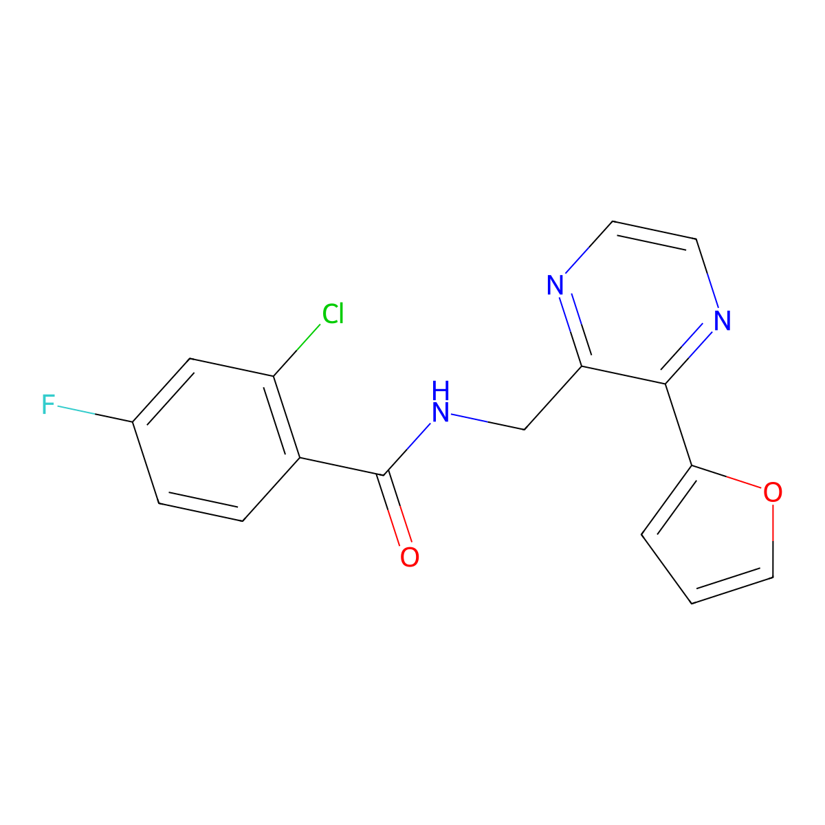 2-chloro-4-fluoro-N-{[3-(furan-2-yl)pyrazin-2-yl]methyl}benzamide molecular structure, CAS 2034427-59-1