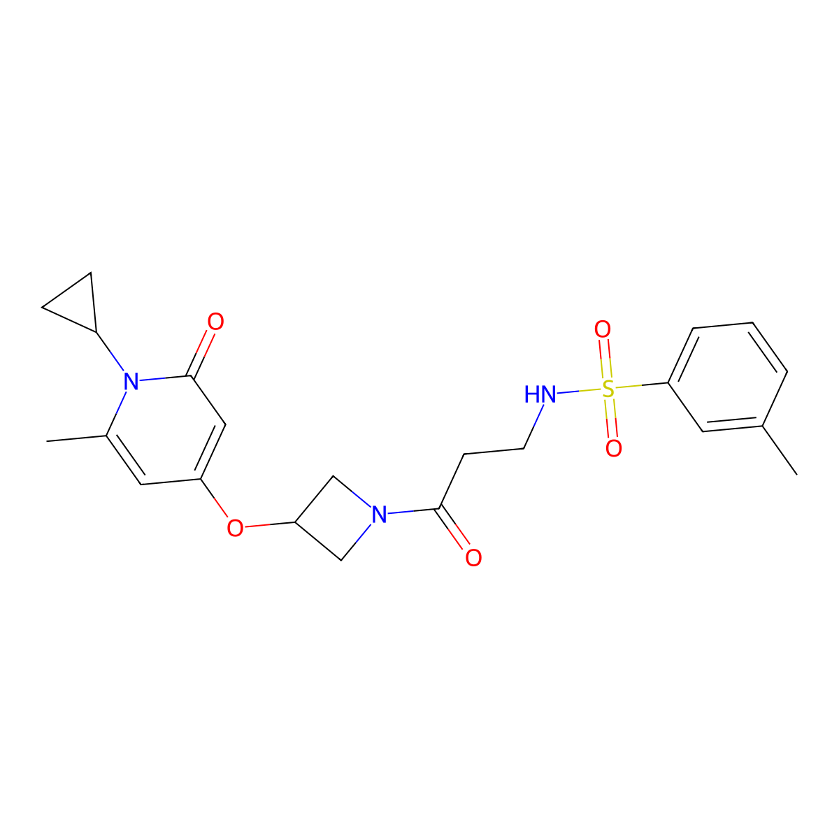 N-(3-(3-((1-cyclopropyl-6-methyl-2-oxo-1,2-dihydropyridin-4-yl)oxy)azetidin-1-yl)-3-oxopropyl)-3-methylbenzenesulfonamide molecular structure, CAS 2034427-65-9