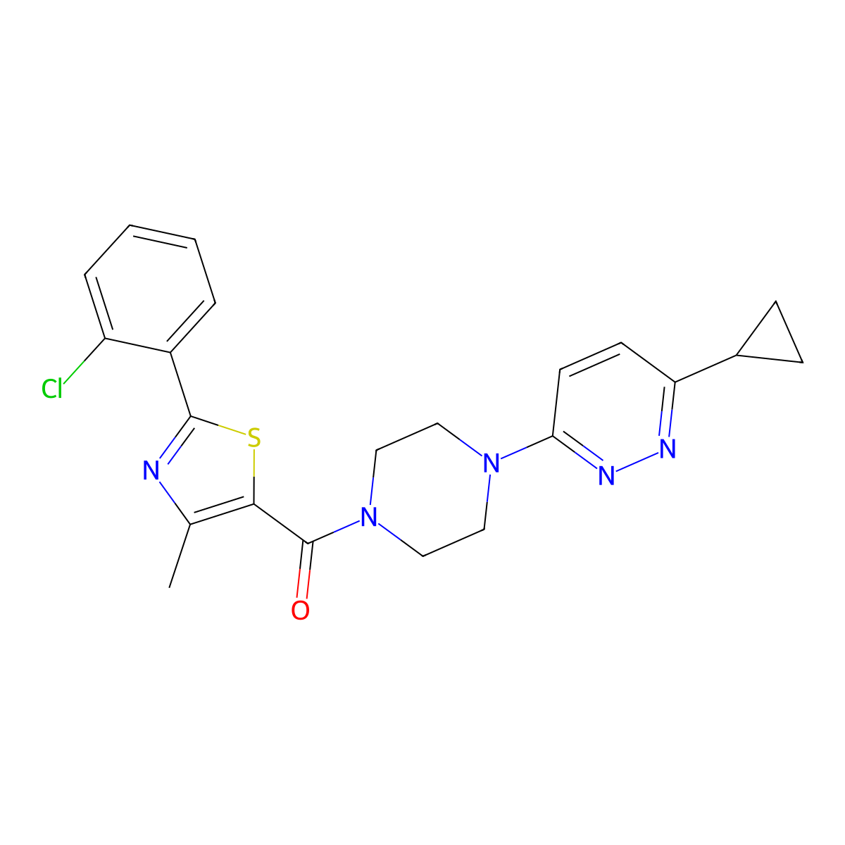(2-(2-Chlorophenyl)-4-methylthiazol-5-yl)(4-(6-cyclopropylpyridazin-3-yl)piperazin-1-yl)methanone molecular structure, CAS 2034427-67-1