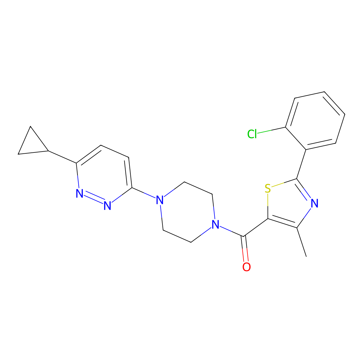 (2-(2-Chlorophenyl)-4-methylthiazol-5-yl)(4-(6-cyclopropylpyridazin-3-yl)piperazin-1-yl)methanone molecular structure, CAS 2034427-67-1