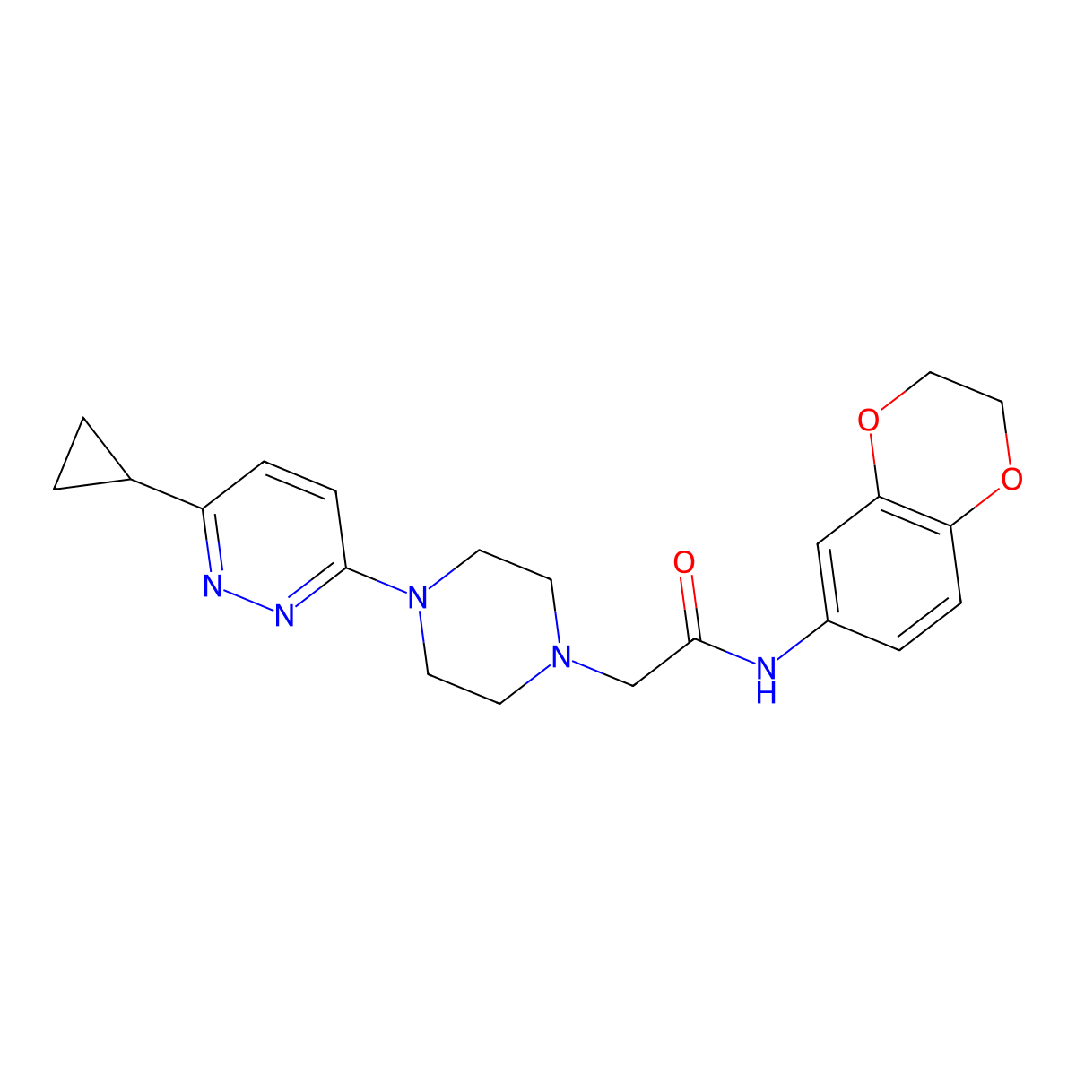 2-(4-(6-cyclopropylpyridazin-3-yl)piperazin-1-yl)-N-(2,3-dihydrobenzo[b][1,4]dioxin-6-yl)acetamide molecular structure, CAS 2034427-89-7