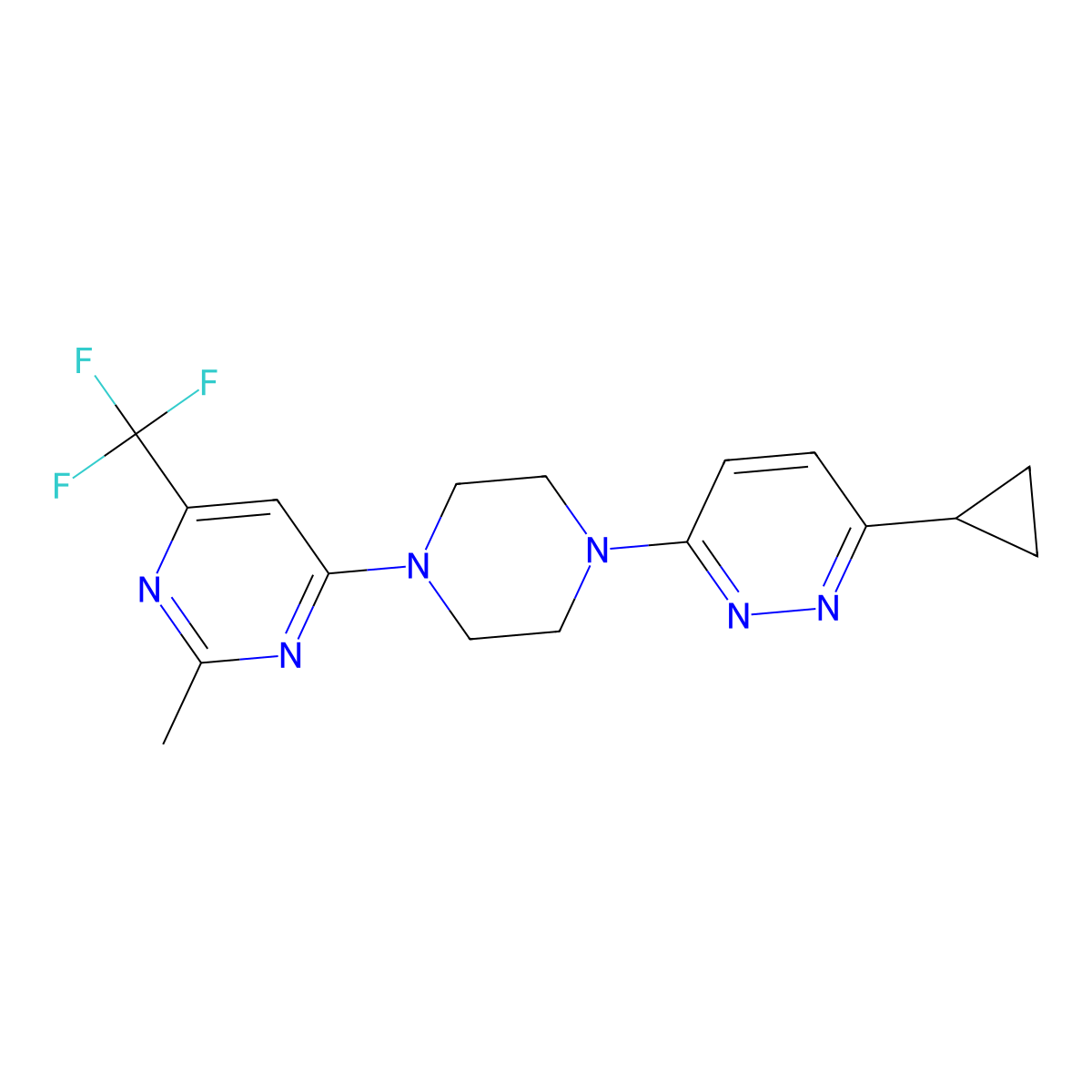 3-Cyclopropyl-6-(4-(2-methyl-6-(trifluoromethyl)pyrimidin-4-yl)piperazin-1-yl)pyridazine molecular structure, CAS 2034428-21-0