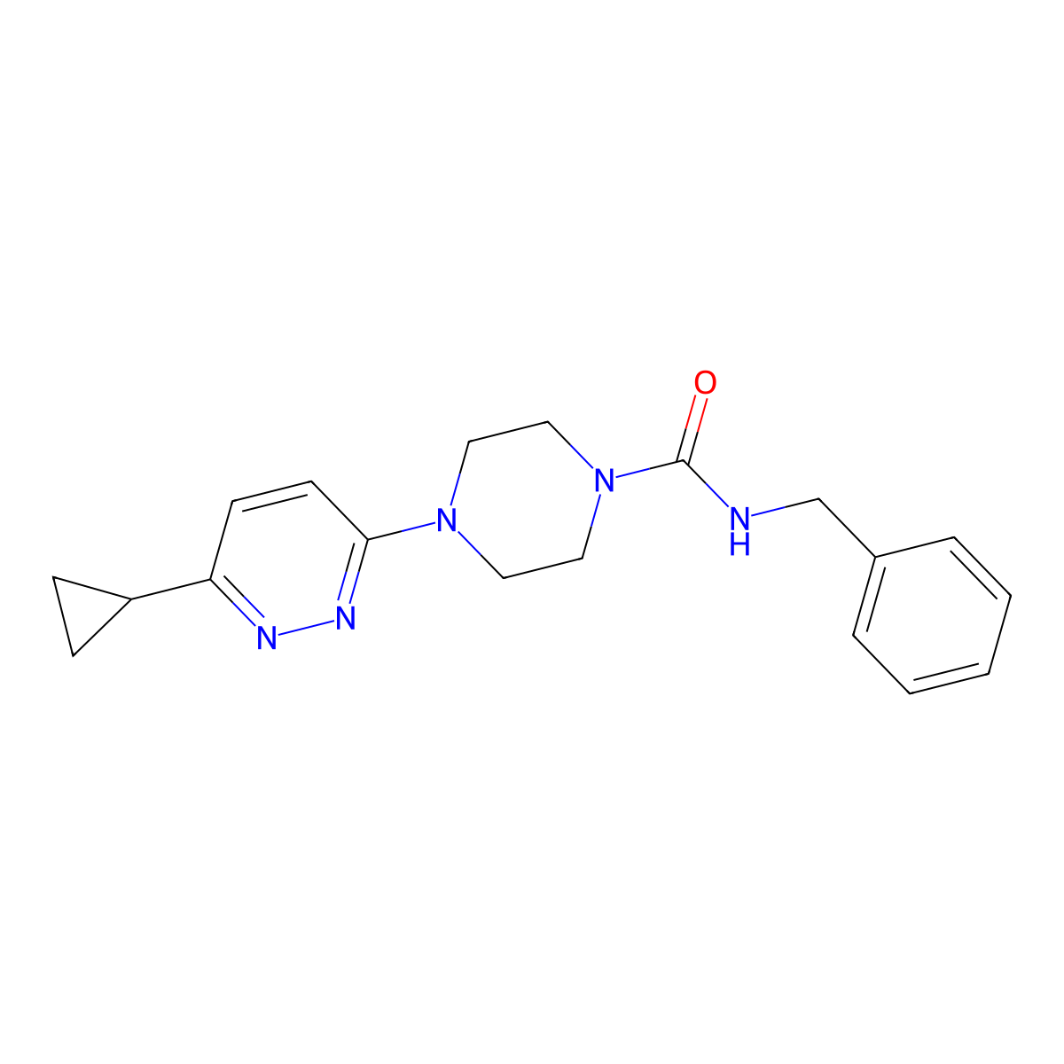 N-benzyl-4-(6-cyclopropylpyridazin-3-yl)piperazine-1-carboxamide molecular structure, CAS 2034428-24-3