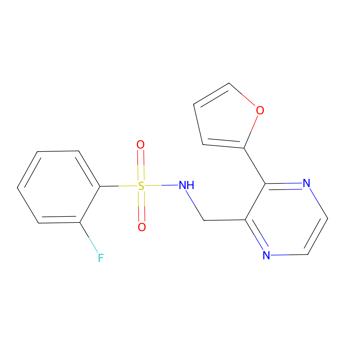 2-fluoro-N-((3-(furan-2-yl)pyrazin-2-yl)methyl)benzenesulfonamide molecular structure, CAS 2034428-29-8