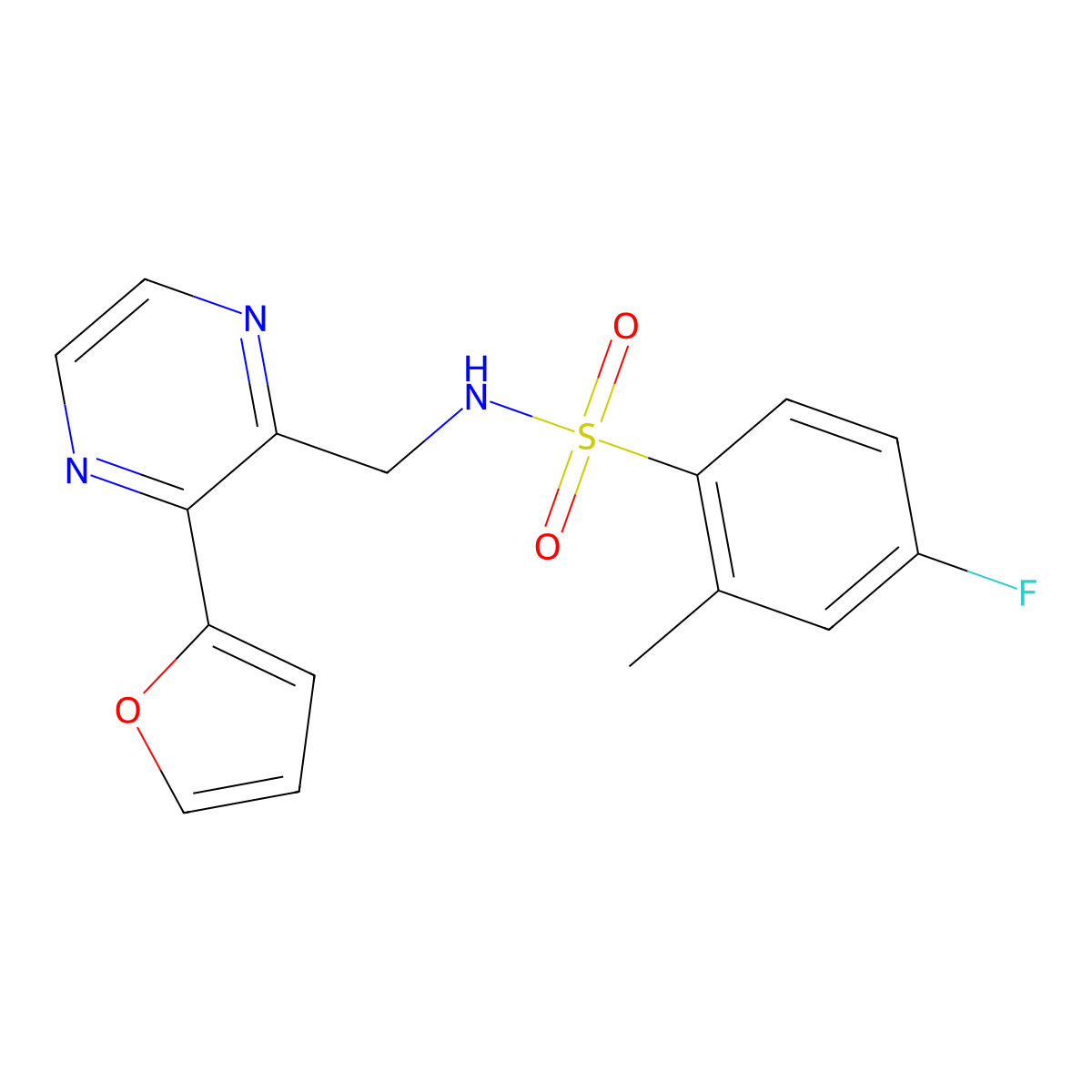 4-fluoro-N-((3-(furan-2-yl)pyrazin-2-yl)methyl)-2-methylbenzenesulfonamide molecular structure, CAS 2034428-38-9