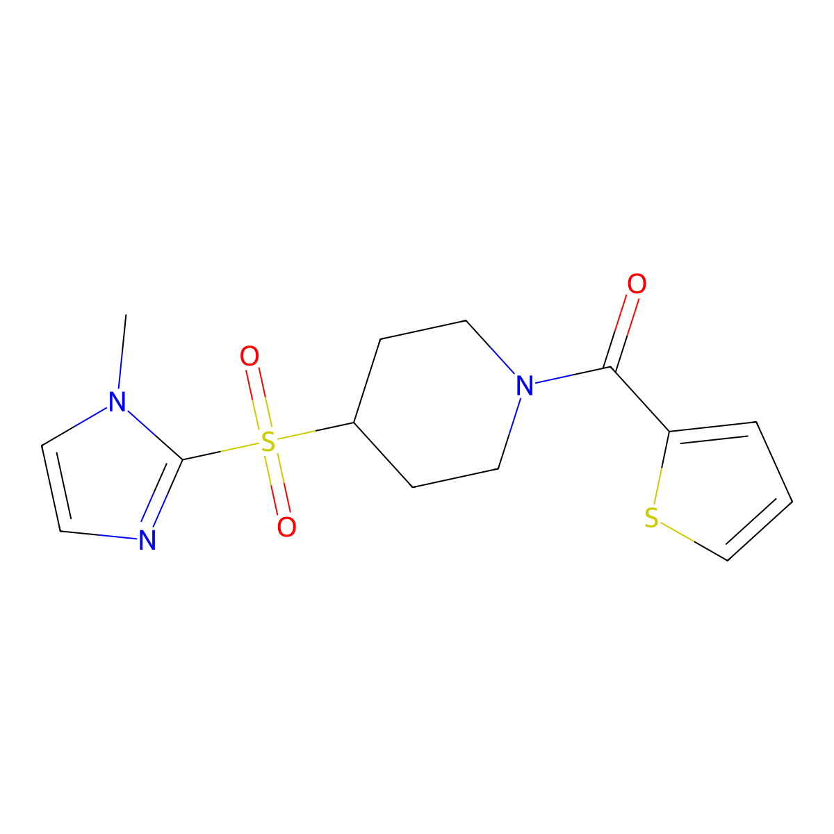 (4-((1-methyl-1H-imidazol-2-yl)sulfonyl)piperidin-1-yl)(thiophen-2-yl)methanone molecular structure, CAS 2034428-42-5