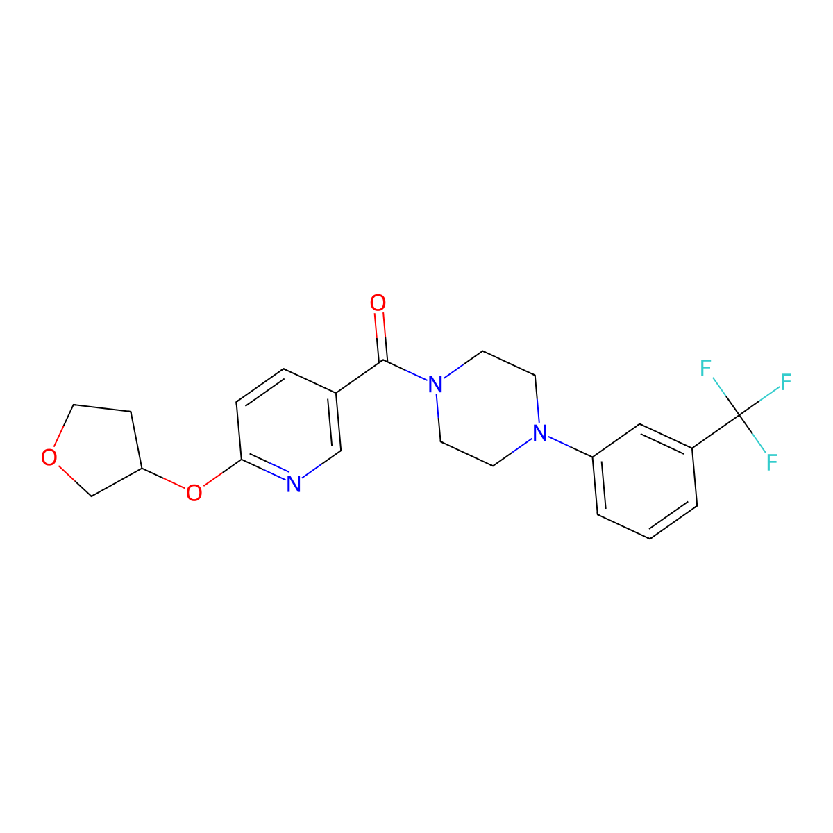 (6-((Tetrahydrofuran-3-yl)oxy)pyridin-3-yl)(4-(3-(trifluoromethyl)phenyl)piperazin-1-yl)methanone molecular structure, CAS 2034428-43-6
