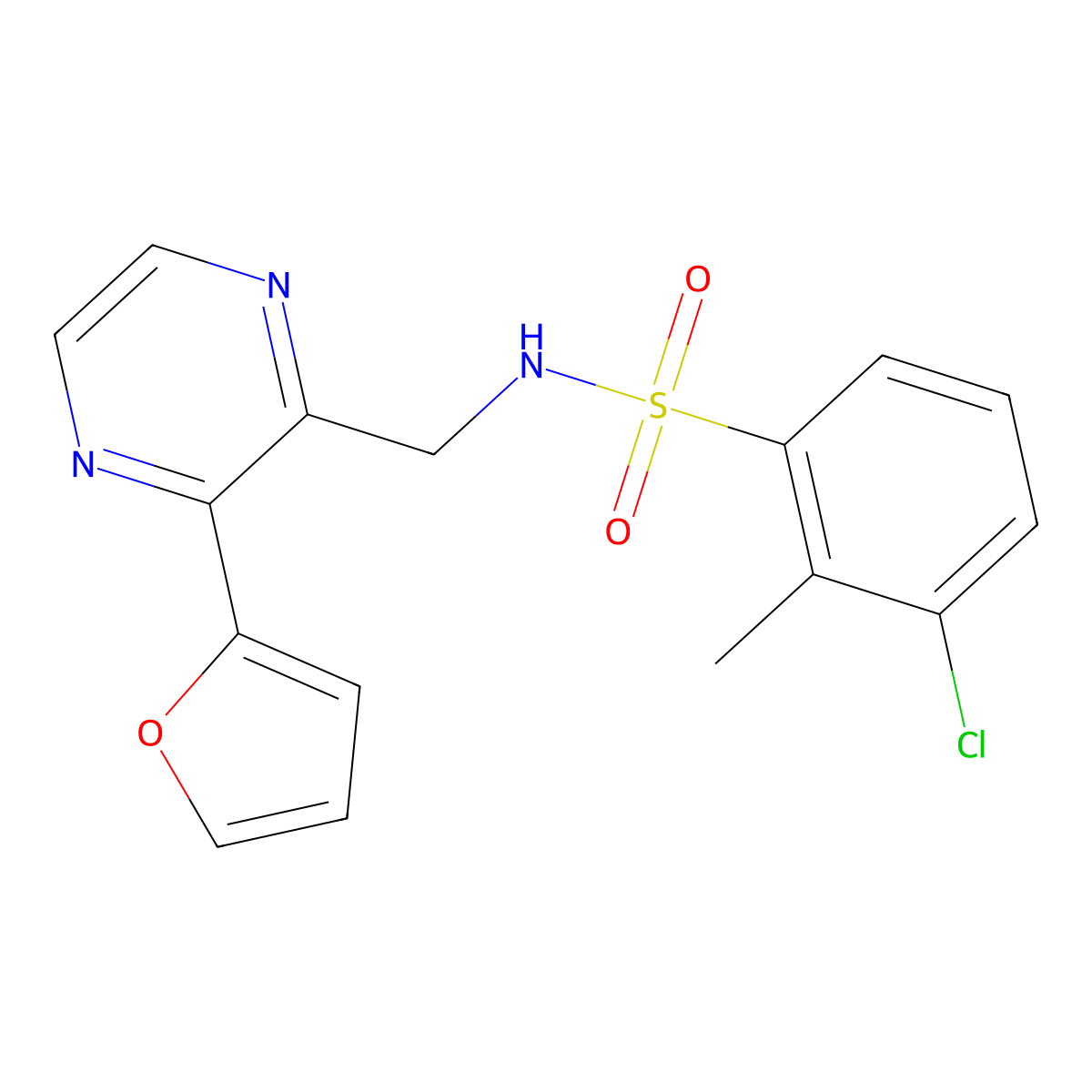 3-chloro-N-((3-(furan-2-yl)pyrazin-2-yl)methyl)-2-methylbenzenesulfonamide molecular structure, CAS 2034428-44-7