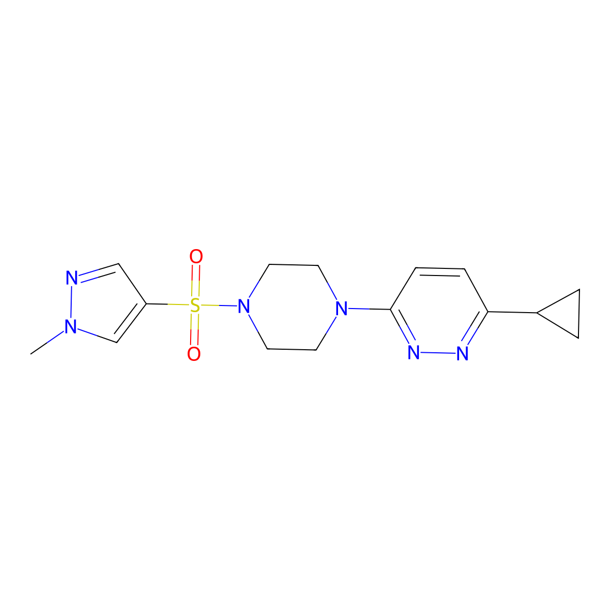 3-cyclopropyl-6-{4-[(1-methyl-1H-pyrazol-4-yl)sulfonyl]piperazin-1-yl}pyridazine molecular structure, CAS 2034428-45-8