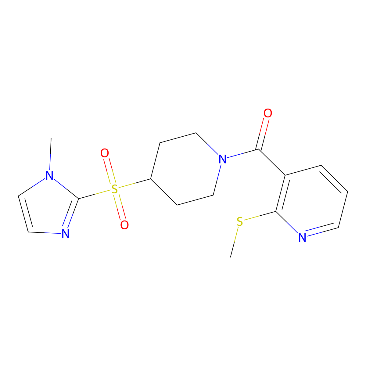 (4-((1-methyl-1H-imidazol-2-yl)sulfonyl)piperidin-1-yl)(2-(methylthio)pyridin-3-yl)methanone molecular structure, CAS 2034428-47-0
