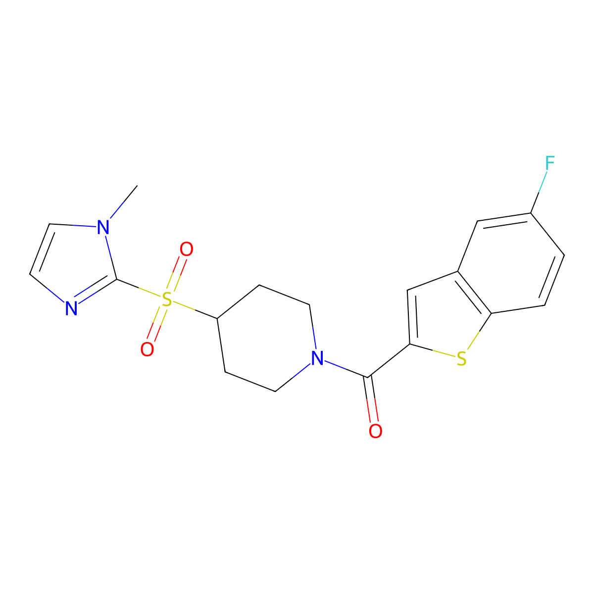 (5-fluorobenzo[b]thiophen-2-yl)(4-((1-methyl-1H-imidazol-2-yl)sulfonyl)piperidin-1-yl)methanone molecular structure, CAS 2034428-59-4